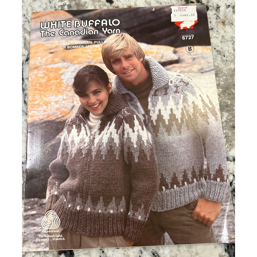 Vtg 70s White Buffalo Canadian Yarn Pullover Cardigan Jacket‎ Knitting Pattern
